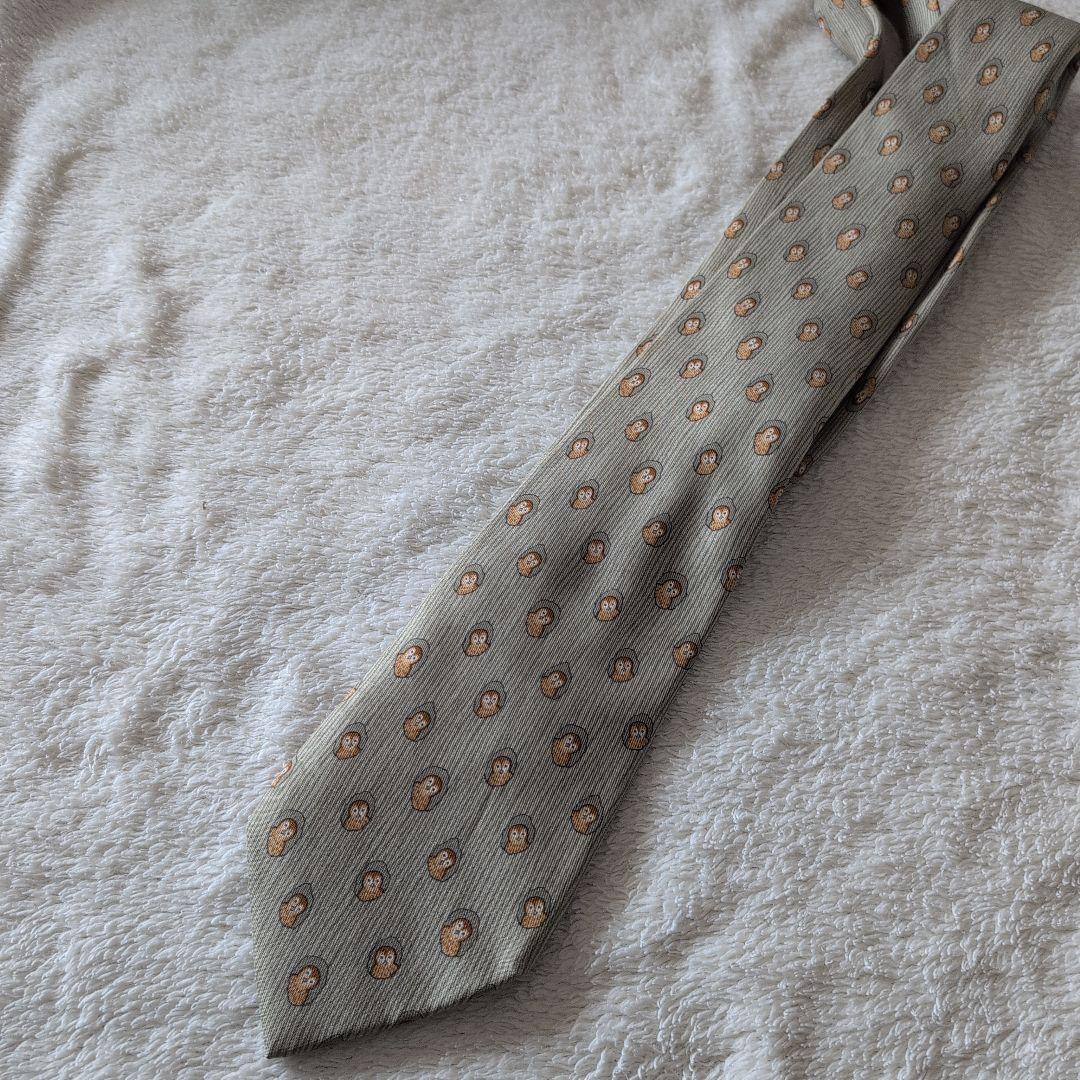 HERMES　エルメス　ネクタイ　フクロウ　総柄　ドット　グレージュ系