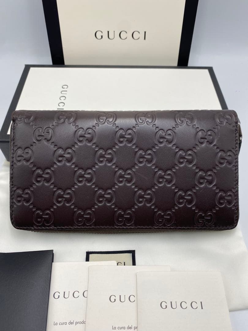 美品　グッチ　GUCCI　シマレザー　ブラウン　長財布　ラウンド　ファスナー