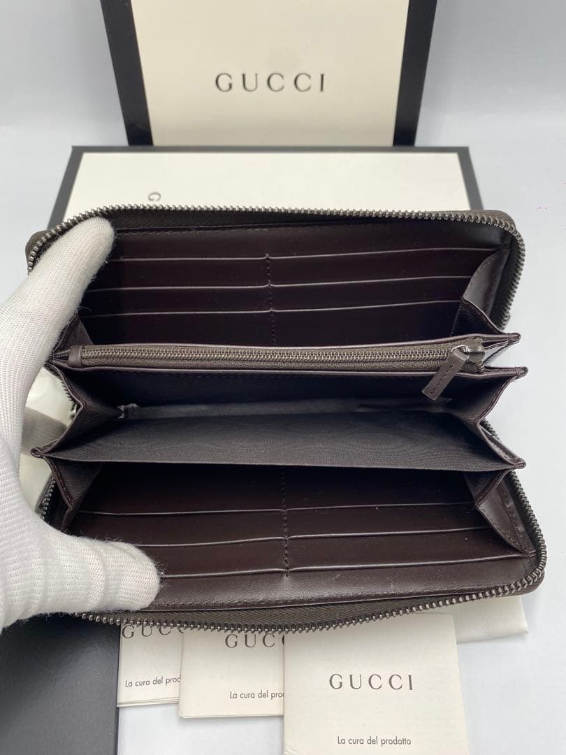 美品　グッチ　GUCCI　シマレザー　ブラウン　長財布　ラウンド　ファスナー