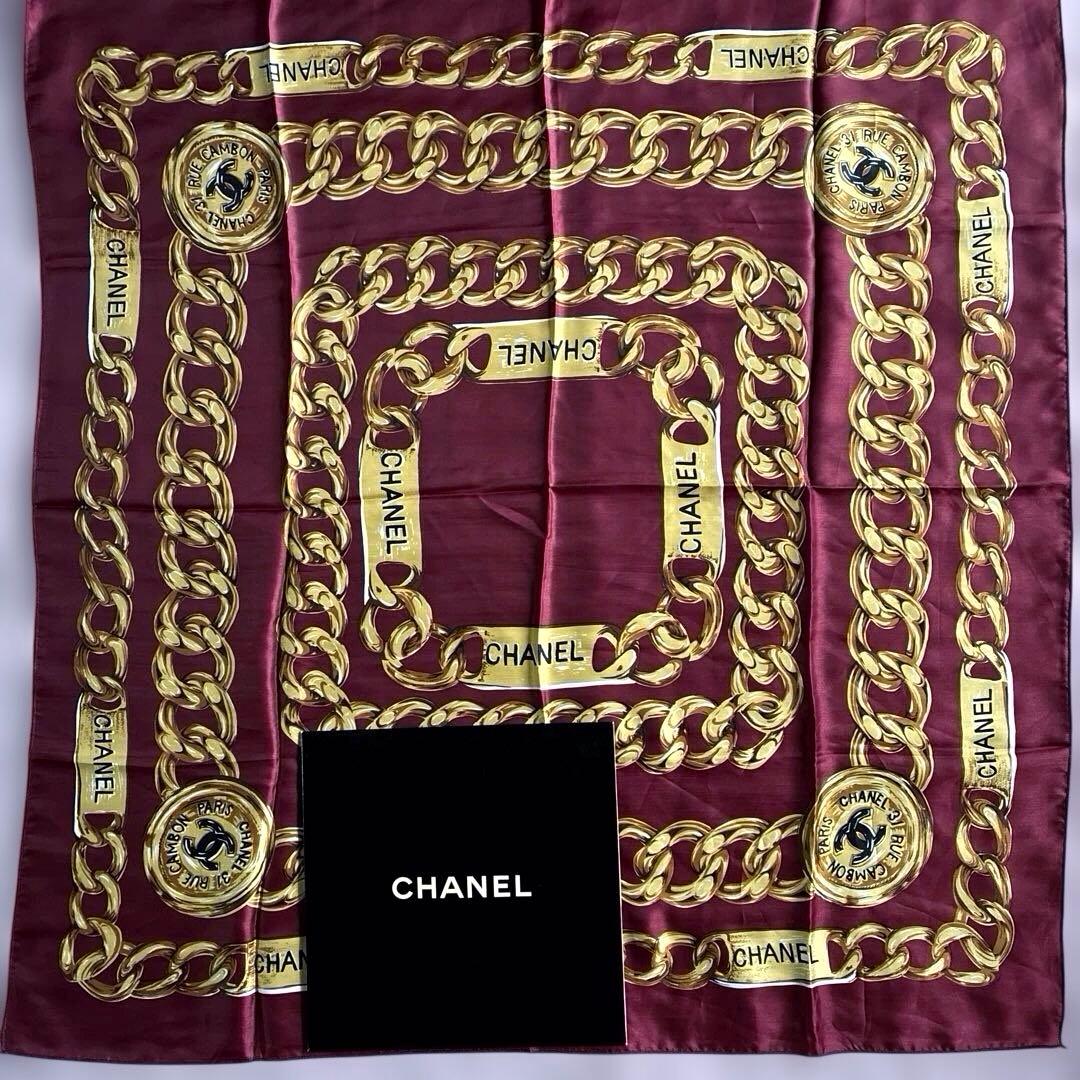 CHANEL バーガンディ シルクスカーフ　未使用品　ケース付き