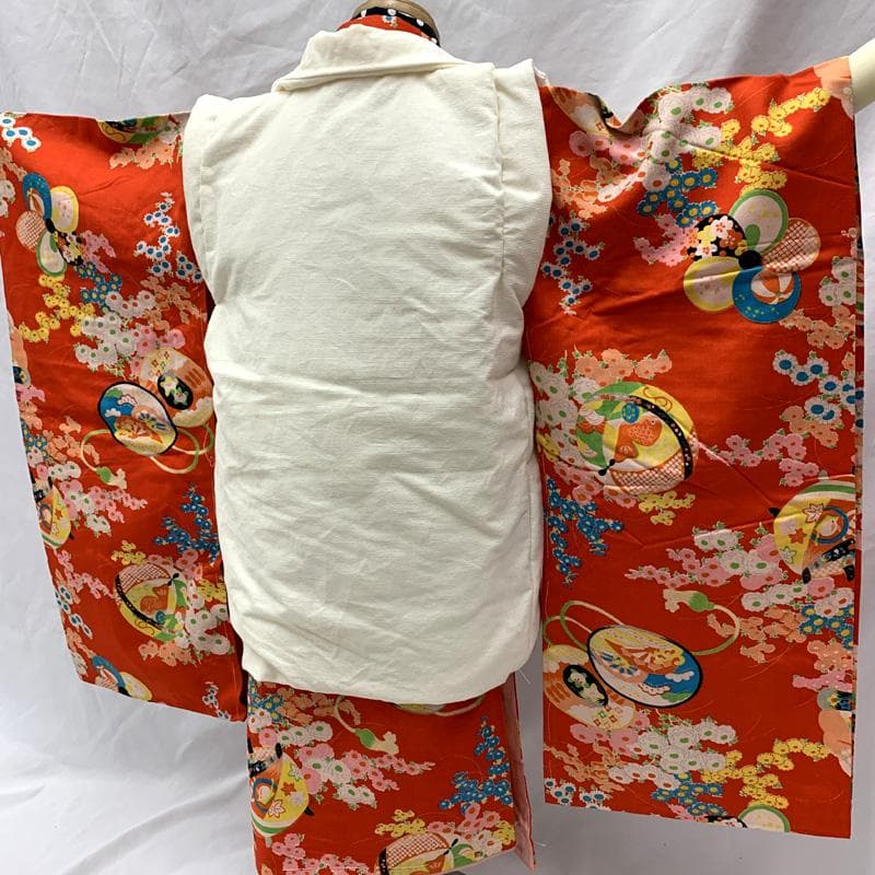 510ag62□七五三 三歳 アンティーク 女児 着物& 糸車 ねじり梅□美品