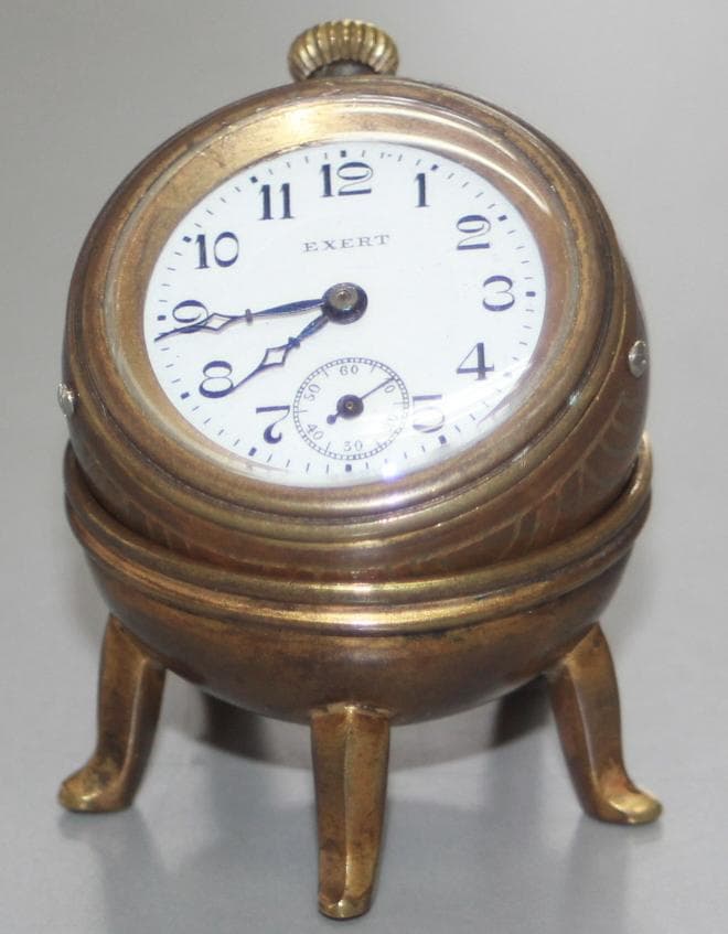 珍品 手巻き 置時計 エナメル 琺瑯 EXERT球形 五つ脚台座付き 稼働品