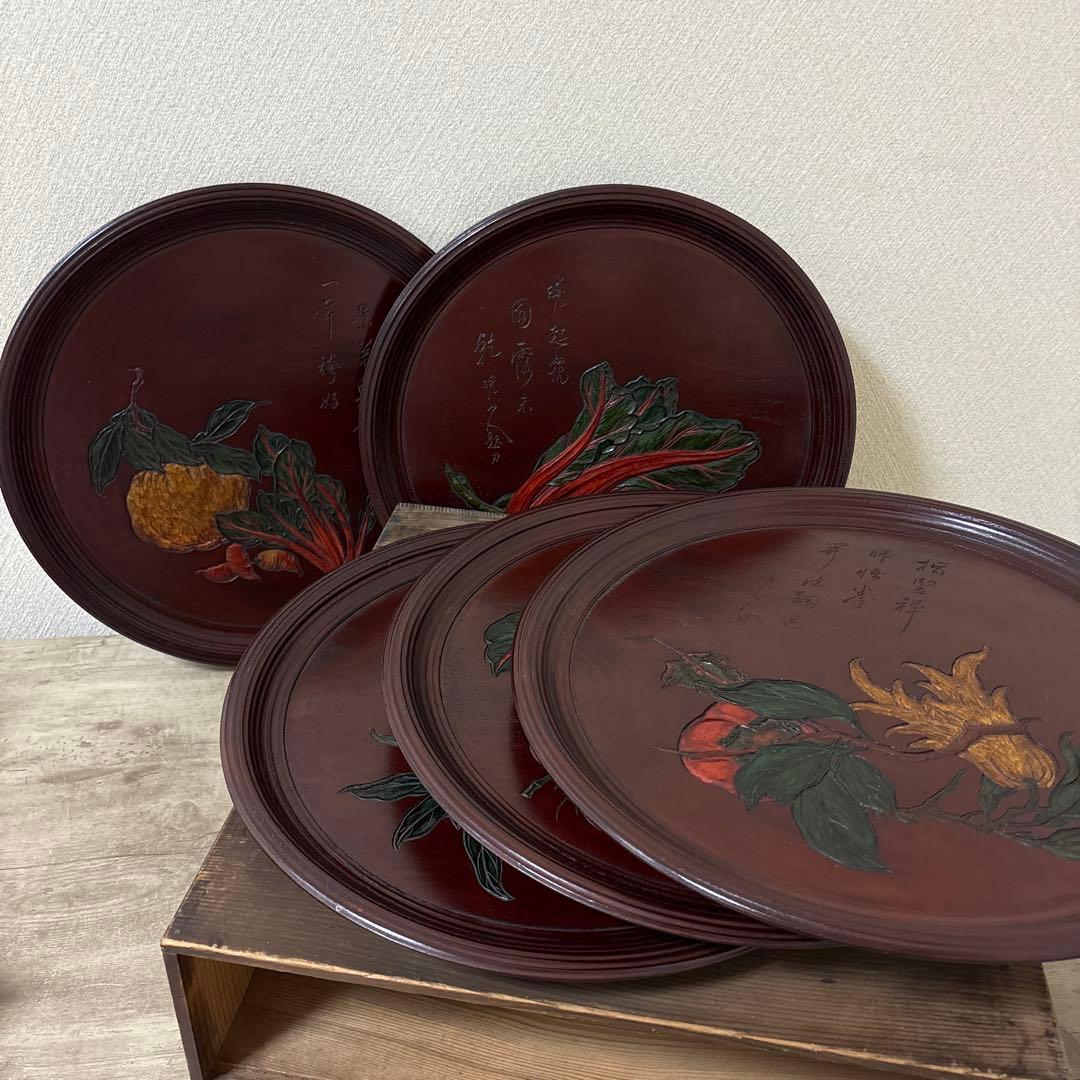 時代　彫抜色絵絵替丸盆　讃岐彫象谷塗　5枚　古盆　古木箱有〈検 烏城　四国　鎌倉