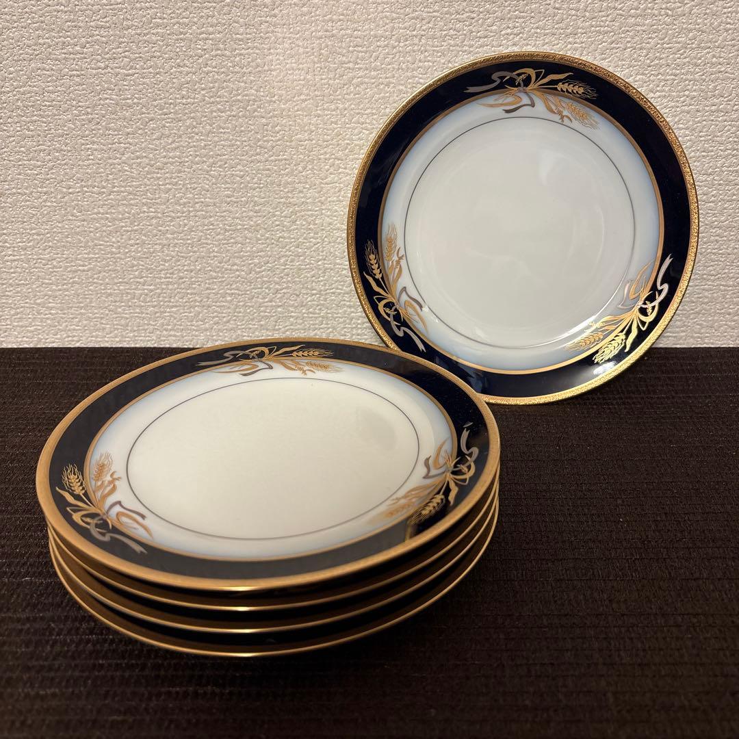大倉陶園　ロイヤルブルー　瑠璃金彩金蝕稲穂　デザートプレート　16.8cm
