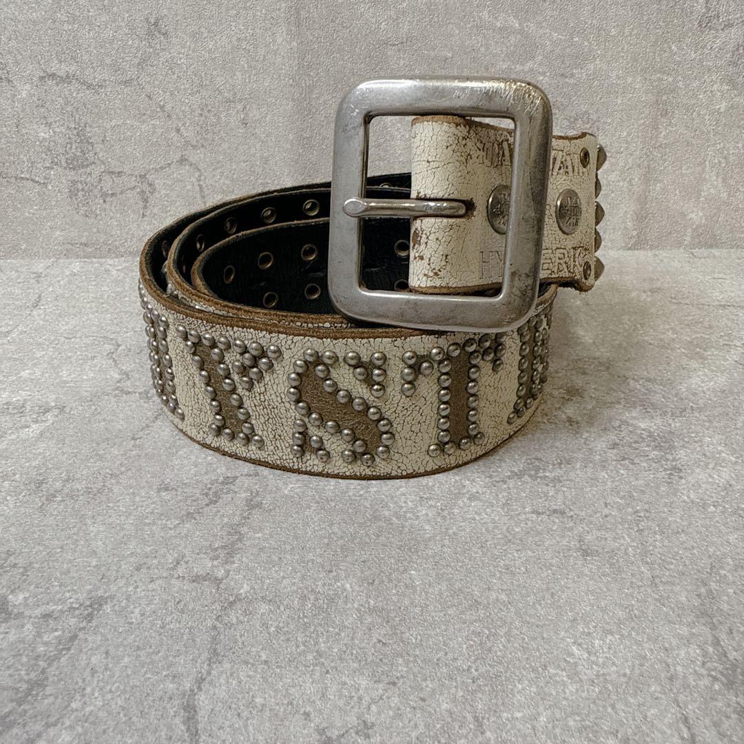 ヒステリックグラマー x バルタザール ロゴ スタッズ レザー ベルト ホワイト