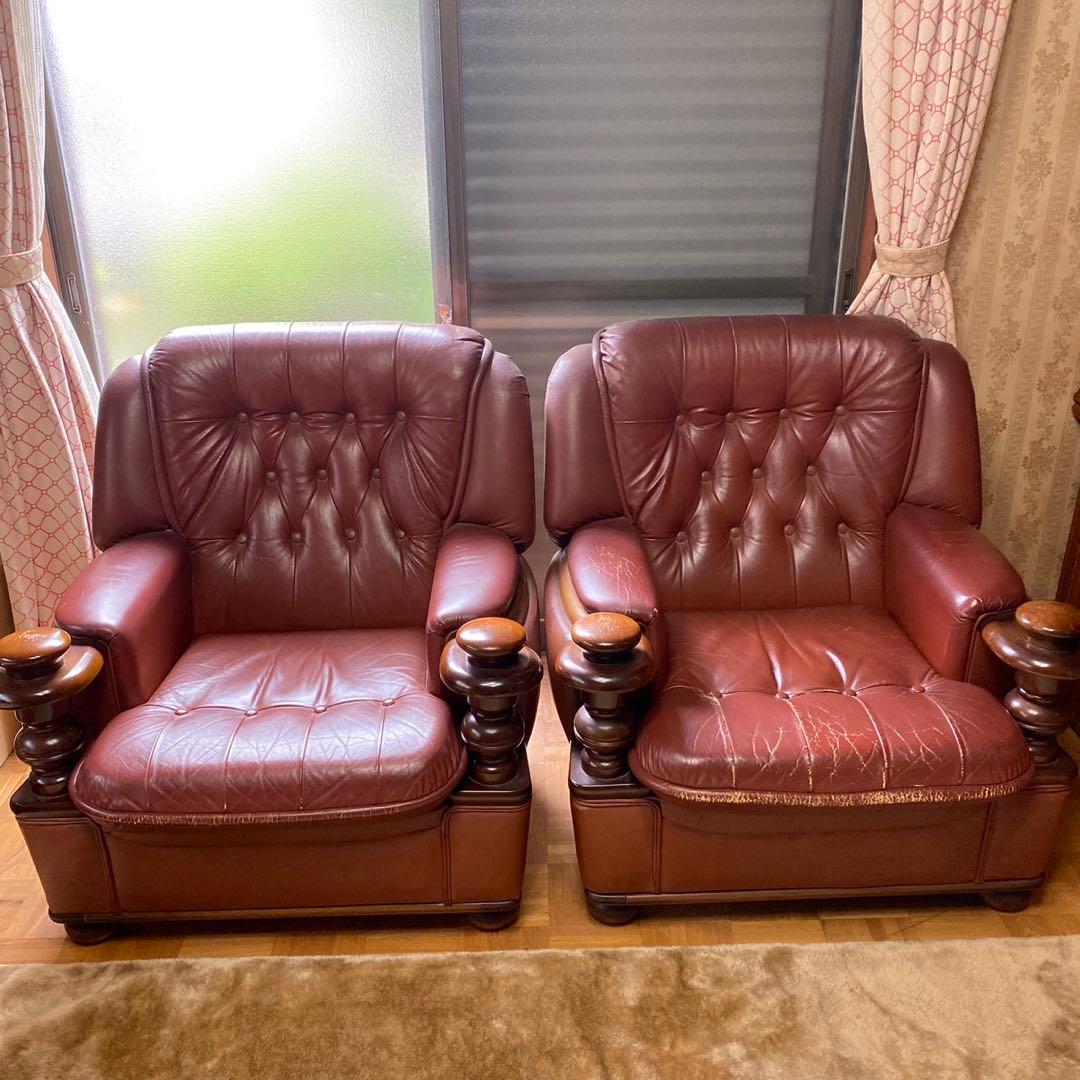 【現地直接引取】3人掛けレザーソファ｜1人掛けソファ×2脚 アンティーク調