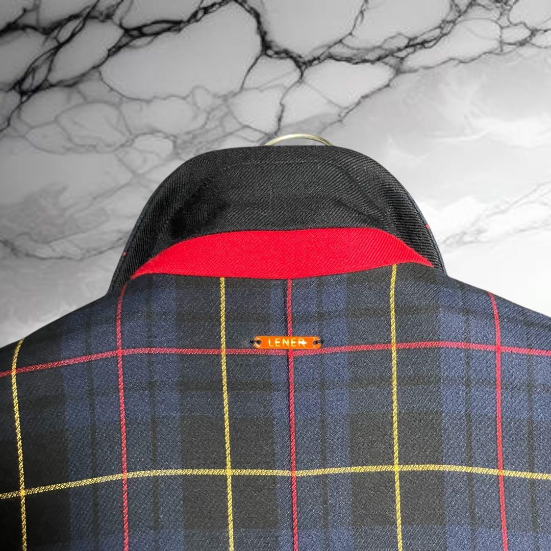 【メゾンレネール】美品チェック ダブル チェスター ロング エンブレム ネイビー