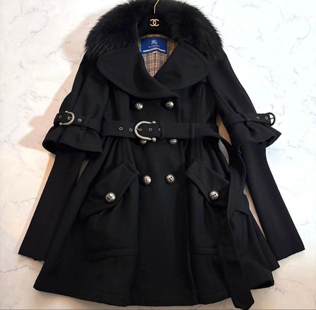 BURBERRY BLUE LABEL ファー付ベルトコート 黒 38