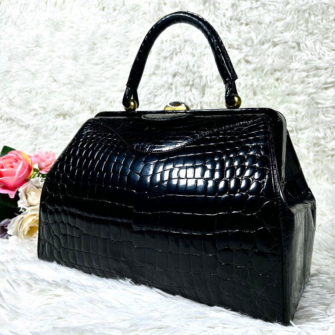 希少✨ シャイニングクロコダイル ダレスバッグ 黒 ゴールド金具 フォーマル
