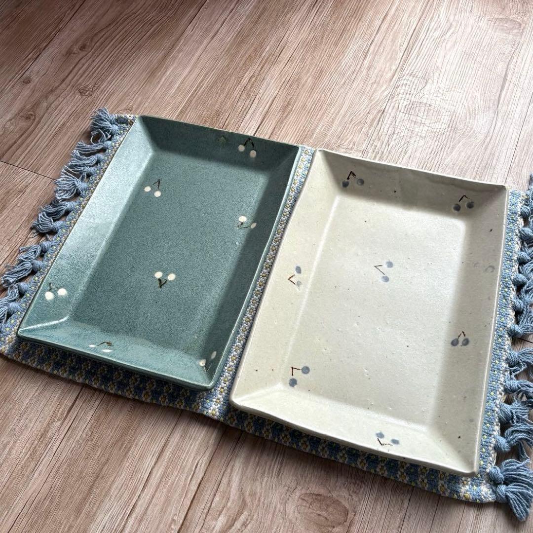 原田晴子　さくらんぼ　長皿　大プレート　2点セット　陶器　骨董　作家