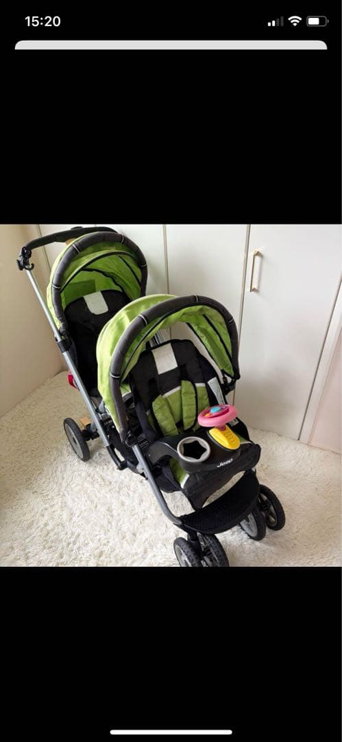 Jeep 2人乗りベビーカー 緑色 ハンドル、カップホルダー付き