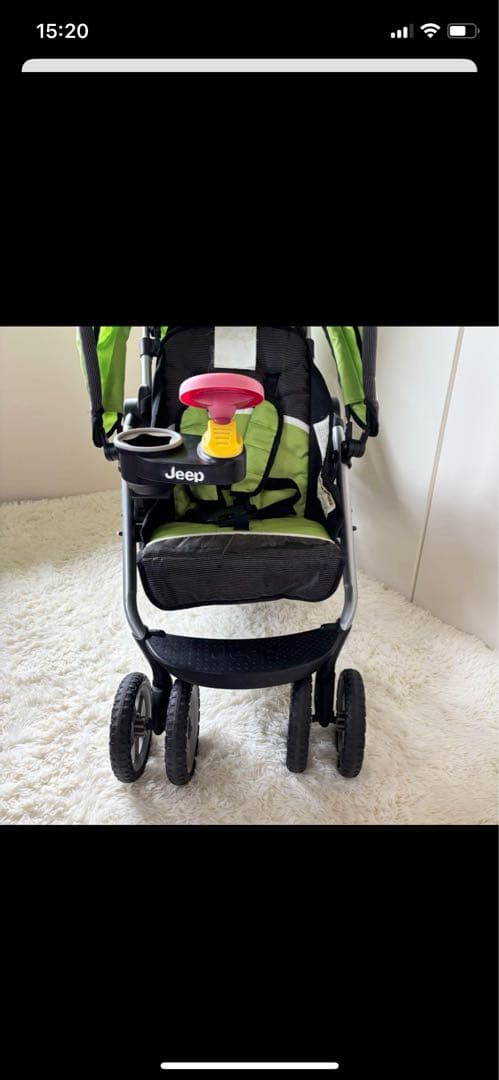 Jeep 2人乗りベビーカー 緑色 ハンドル、カップホルダー付き