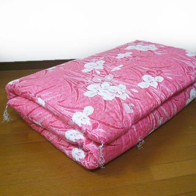 寝具 敷布団 シングル 和式 昔ながら 花柄 あやめ ピンク 美品(T06)