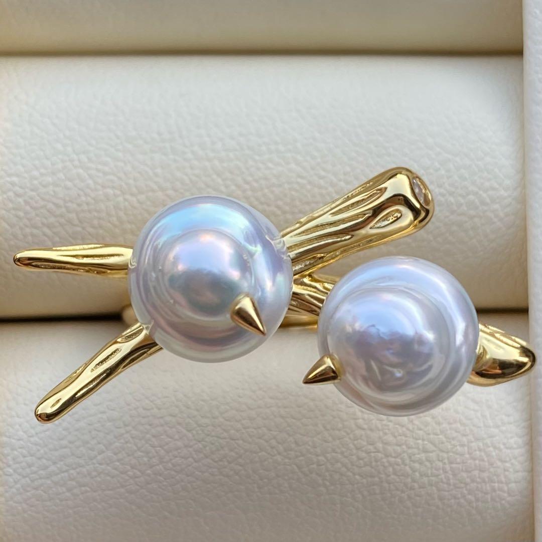 本真珠　南洋白蝶真珠ダブルリング「鳥と枝」　13.2mmホワイトL1257