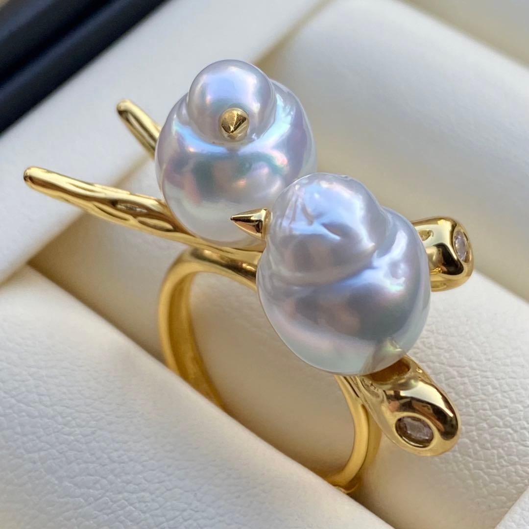 本真珠　南洋白蝶真珠ダブルリング「鳥と枝」　13.2mmホワイトL1257