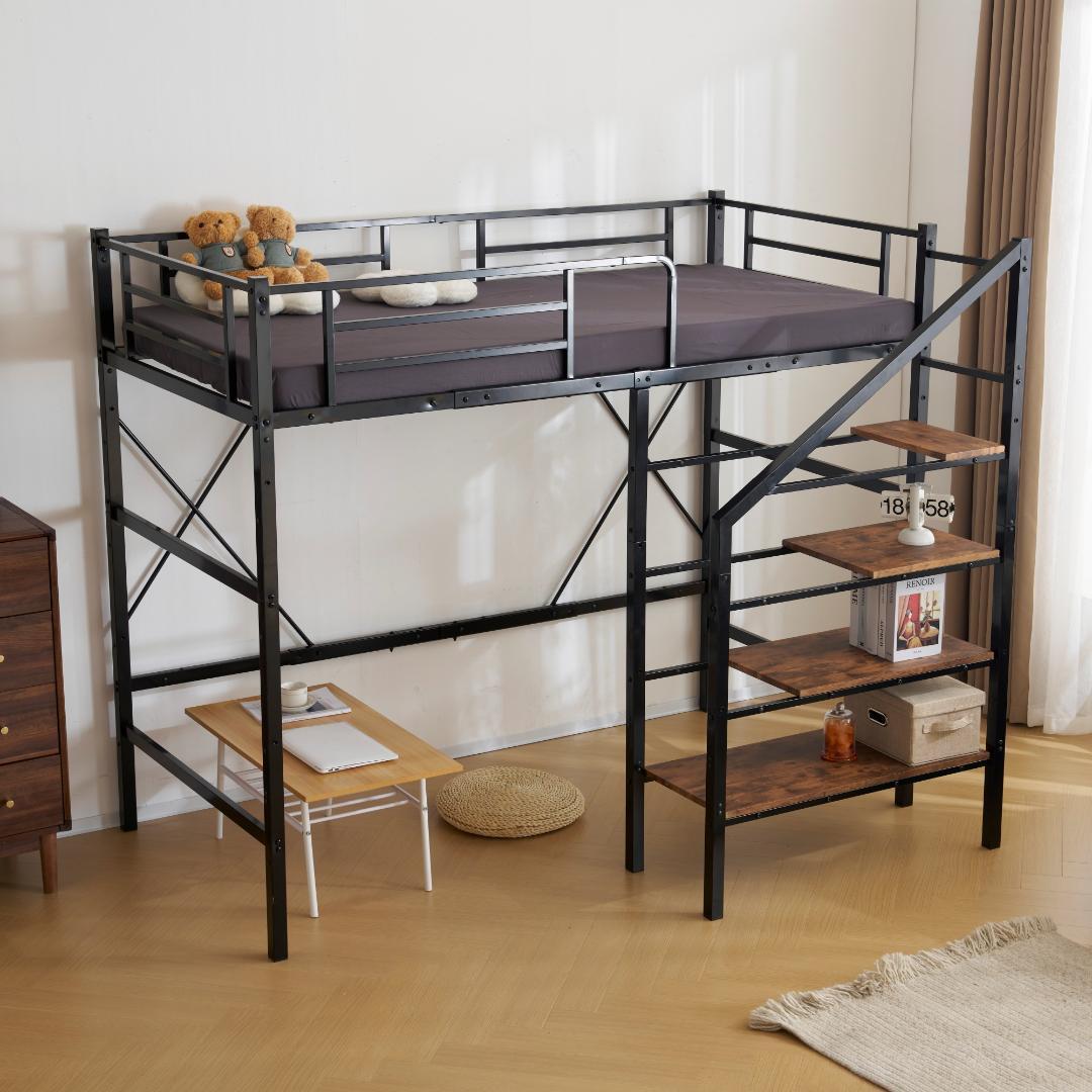 ロフトベッド 階段付き シングル パイプベッド コンセント付き 収納スチール耐震