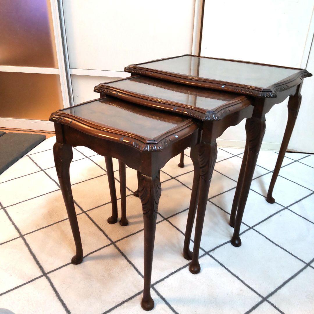 英国 Bevan Funnell ガラストップネストテーブル 猫脚 アンティーク