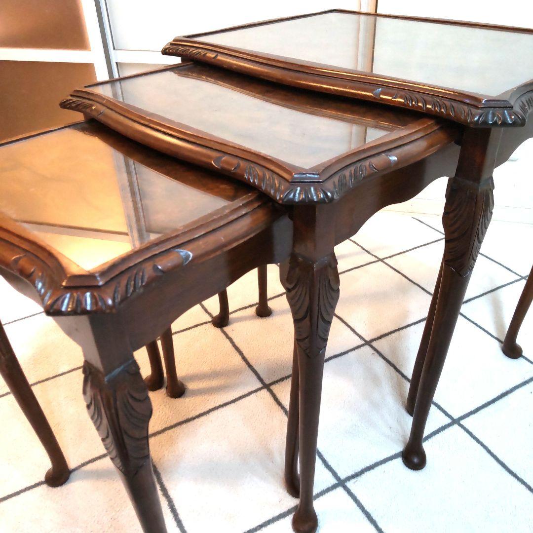 英国 Bevan Funnell ガラストップネストテーブル 猫脚 アンティーク