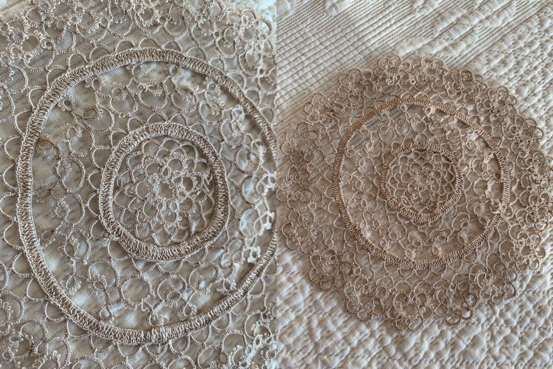 フランスアンティークサラディエ＆カップ2個・ドイリー＆カフェカーテンクロス計5点