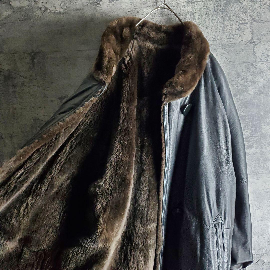 【ヴィンテージ】レザーコート 裏ボア フレア袖 ラム 本革 黒 XXL レトロ