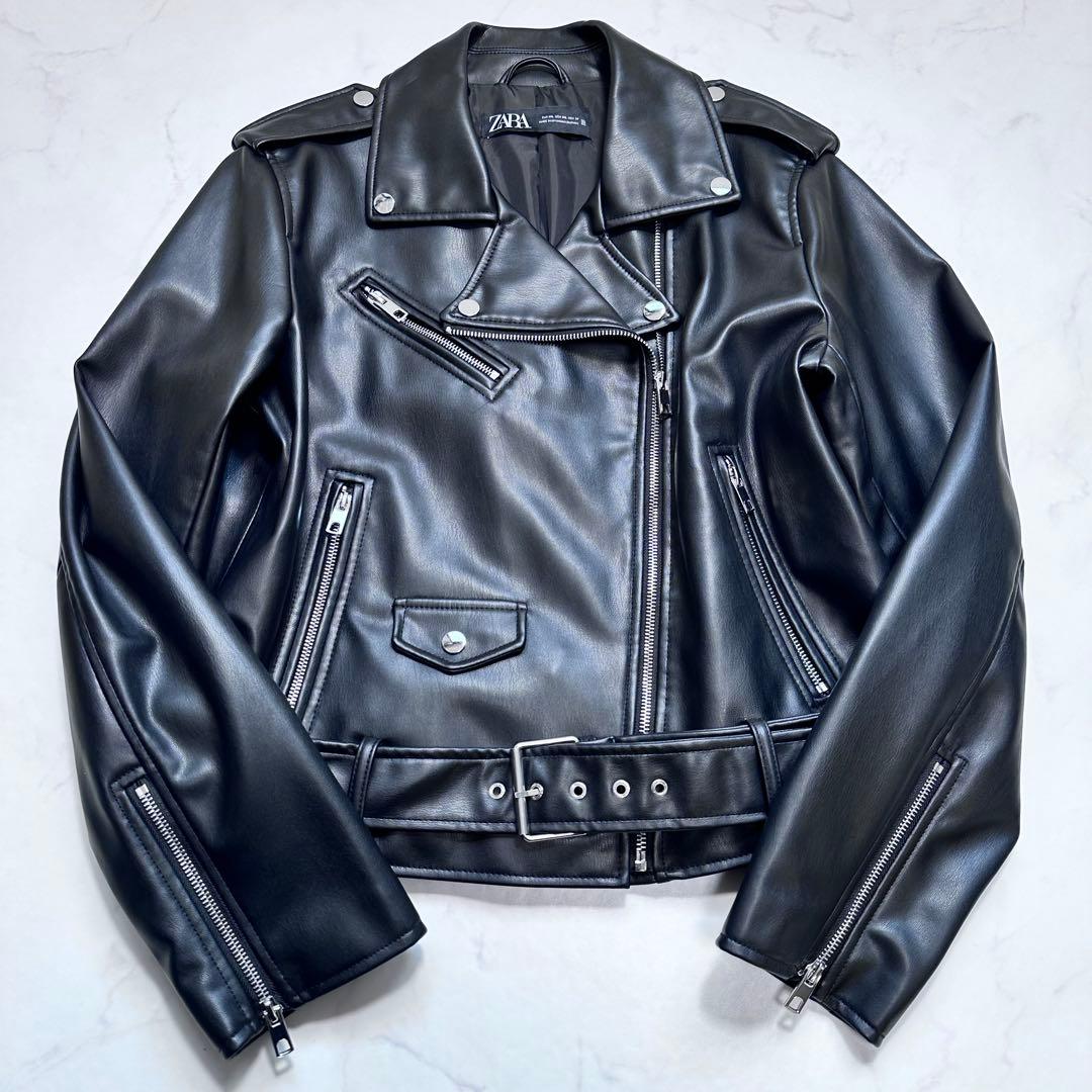 未使用級 XXL◎ザラ ダブルライダースジャケット PUレザー クロップド丈 黒