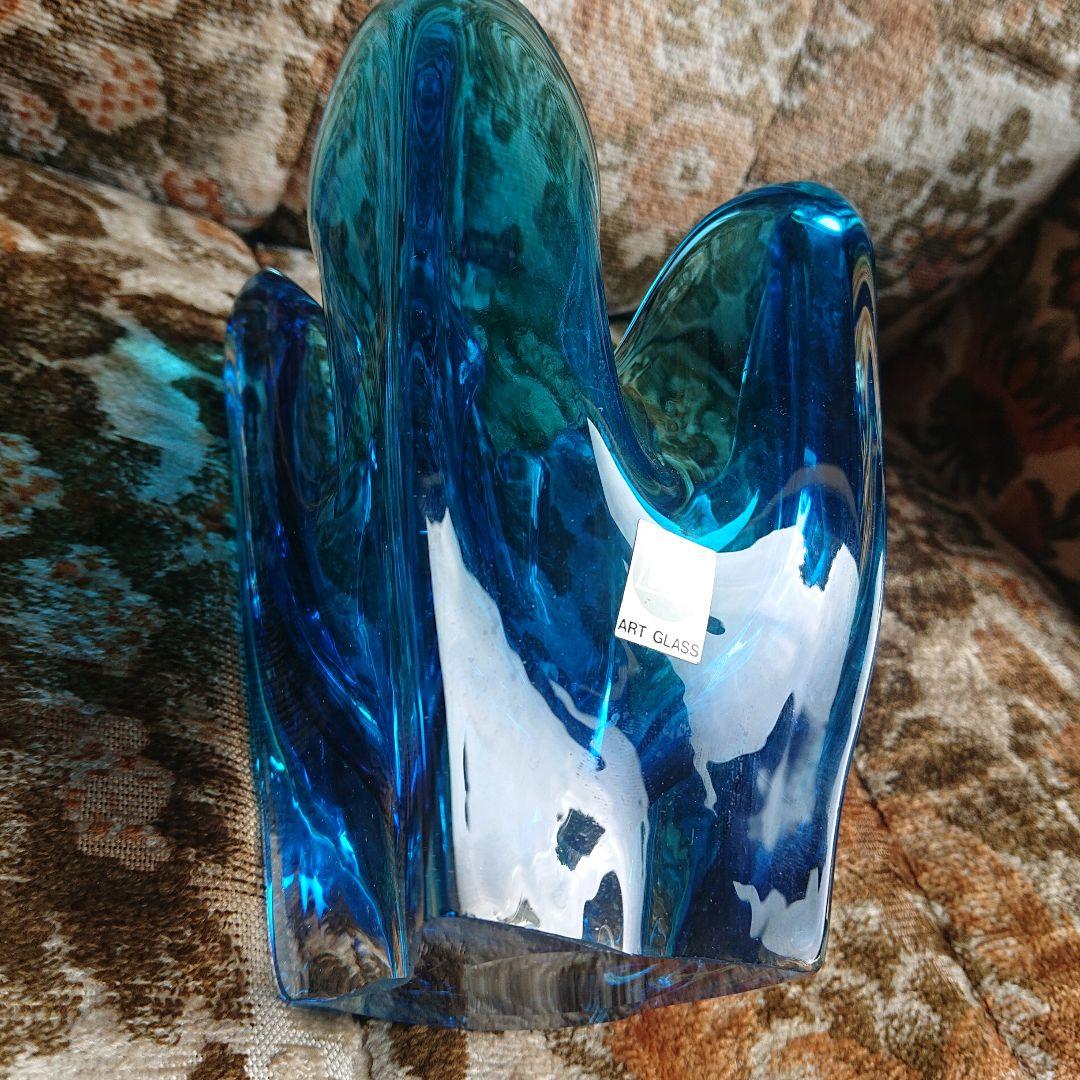 青色ガラス花瓶 フラワー型アンティークポップ
