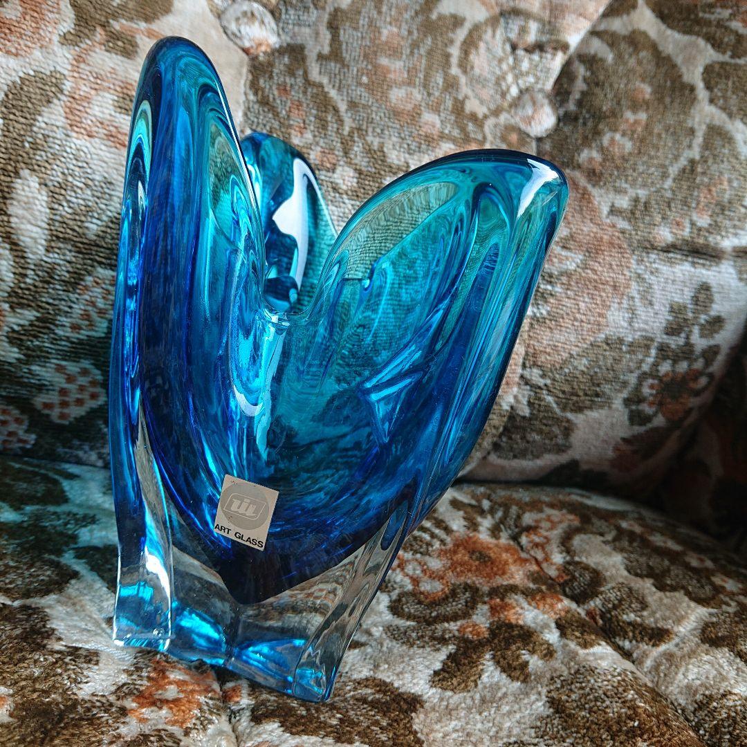 青色ガラス花瓶 フラワー型アンティークポップ