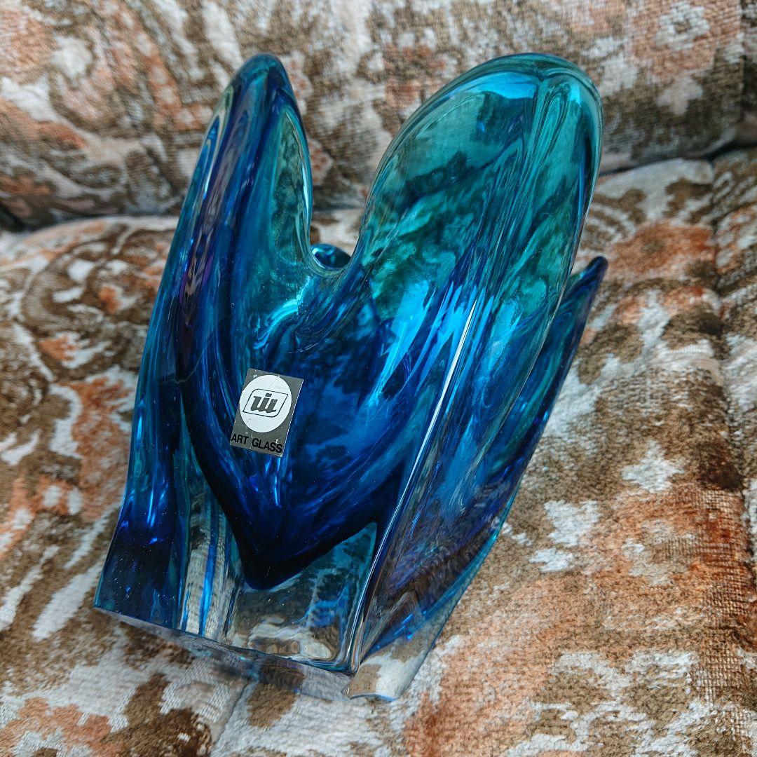 青色ガラス花瓶 フラワー型アンティークポップ