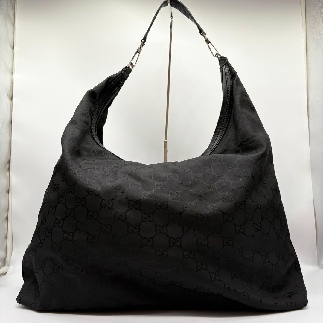 【希少】グッチ ワンショルダー ボストンバッグ 大容量 GG柄 ナイロン 黒