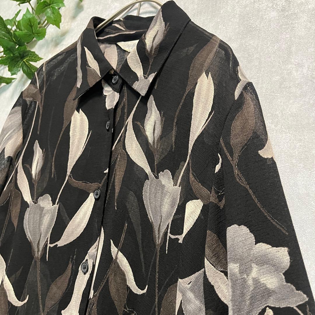 専用 黒 花柄 五部袖 透け感 ざらざら レトロ アンティーク ブラウス