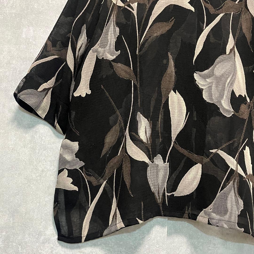 専用 黒 花柄 五部袖 透け感 ざらざら レトロ アンティーク ブラウス