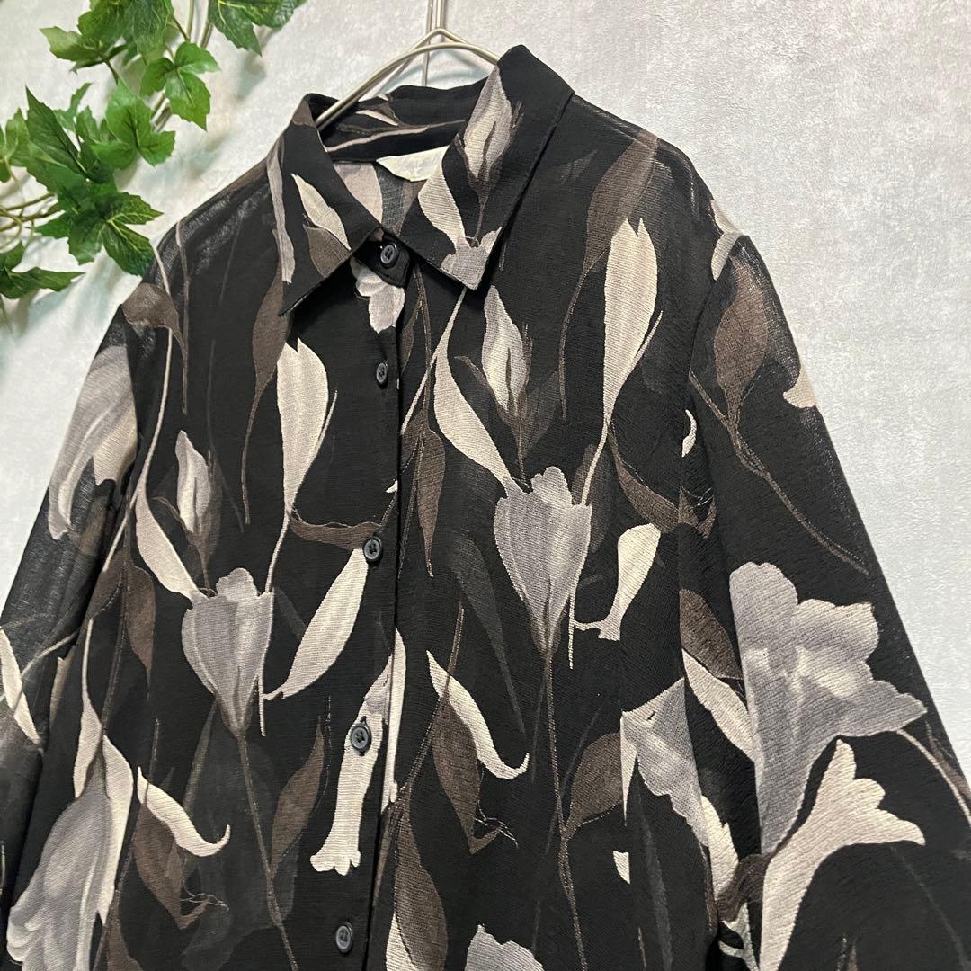 専用 黒 花柄 五部袖 透け感 ざらざら レトロ アンティーク ブラウス
