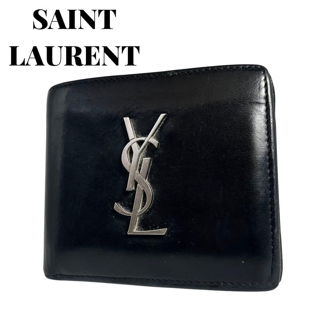 希少✨サンローラン ２つ折り財布 YSL カサンドラ レザー ブラック ロゴ