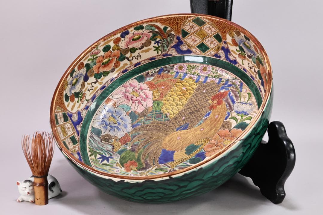 古九谷　九谷焼　吉田屋釜　花鳥鶏図　大鉢　金魚鉢　直径38.5㎝　BK139