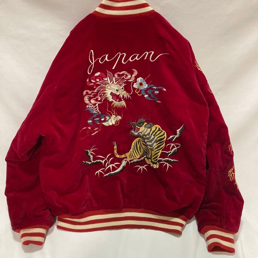 High Spirits 龍 虎 腕刺繍 別珍　スカジャン　L ベロア　赤