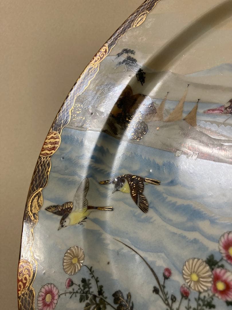 明治　手描き　夫婦雁と牡丹　大皿　2枚　縁起　時代　〈検 横濱焼　隅田焼　眞葛焼
