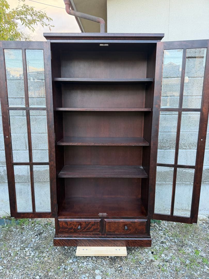 書棚 900 ふらの 観音開き 樺材 北海道民芸家具 ダークブラウン