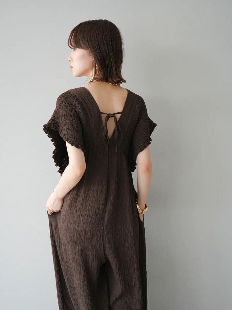 楊柳シャーリングサロペット オールインワン パンツ ブラウン Lumier