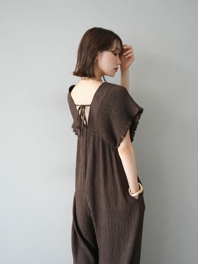 楊柳シャーリングサロペット オールインワン パンツ ブラウン Lumier