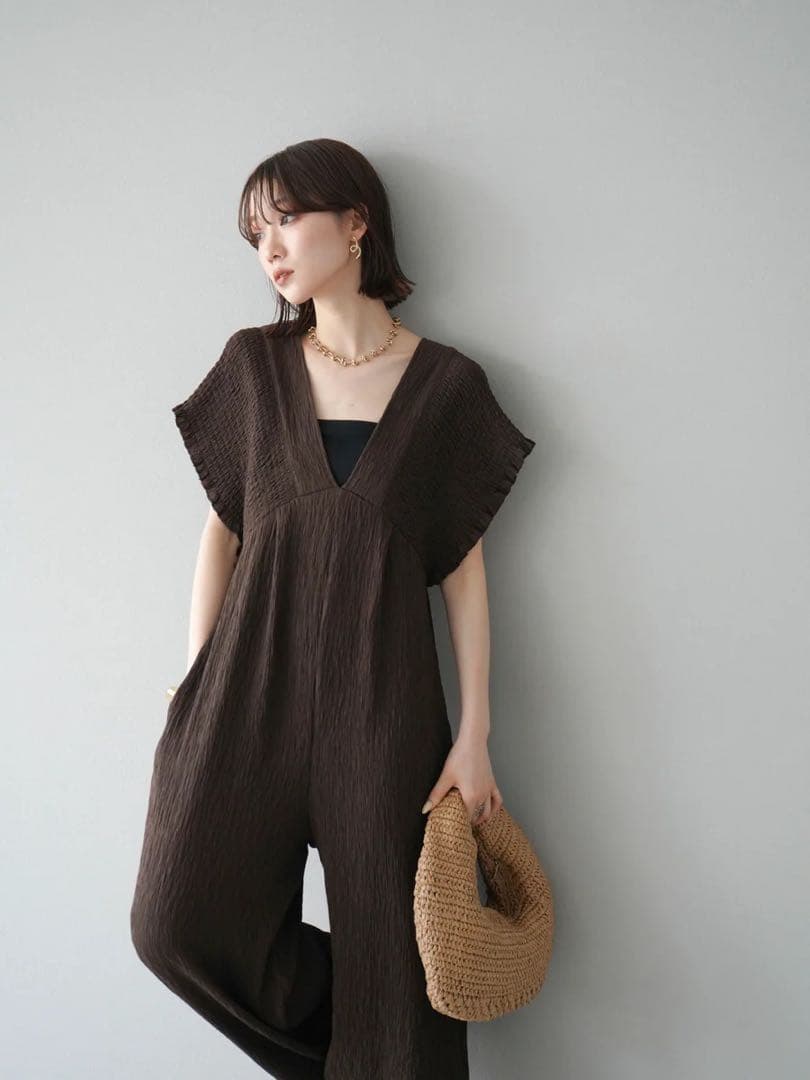 楊柳シャーリングサロペット オールインワン パンツ ブラウン Lumier