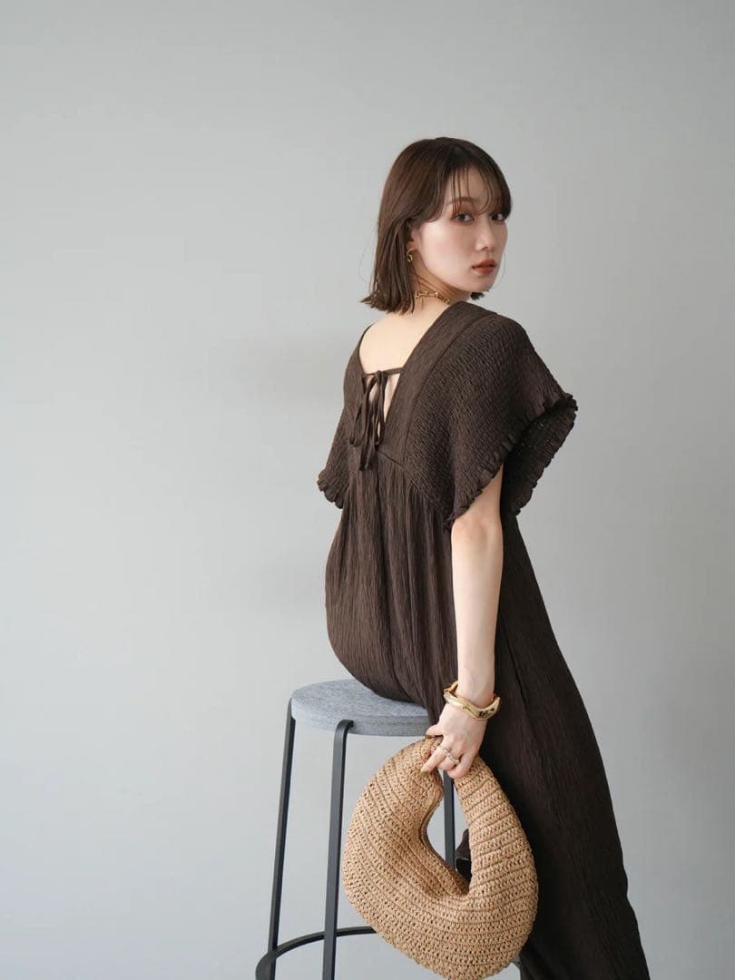 楊柳シャーリングサロペット オールインワン パンツ ブラウン Lumier