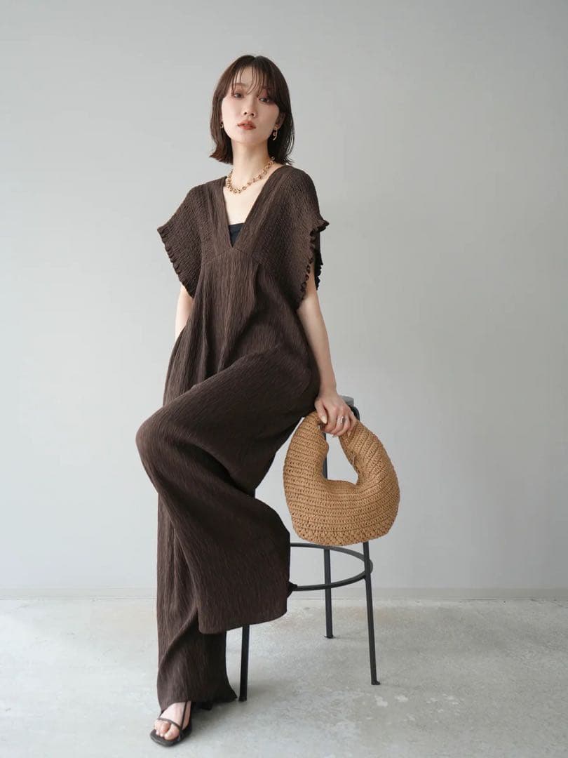 楊柳シャーリングサロペット オールインワン パンツ ブラウン Lumier