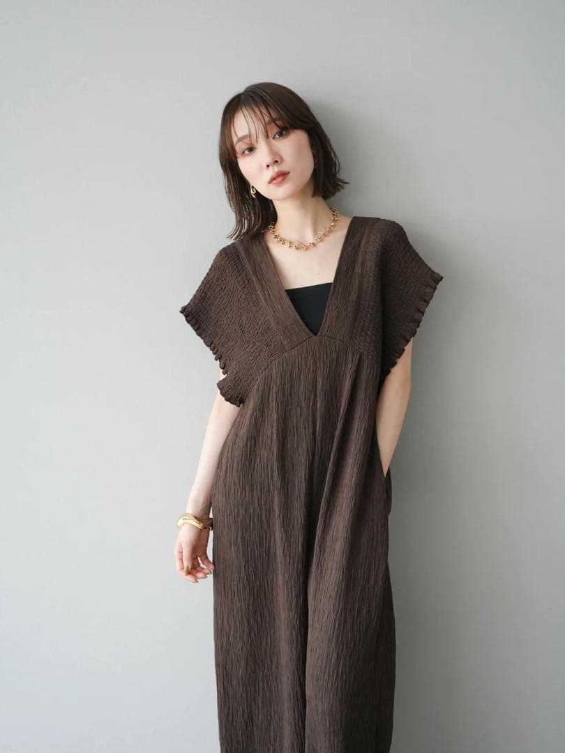 楊柳シャーリングサロペット オールインワン パンツ ブラウン Lumier