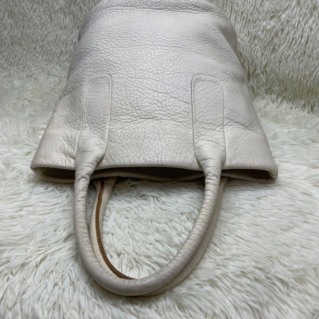 【美品】ヒロフ トートバッグ バケツ型 シボ革 ホワイト Hロゴ 手提げ