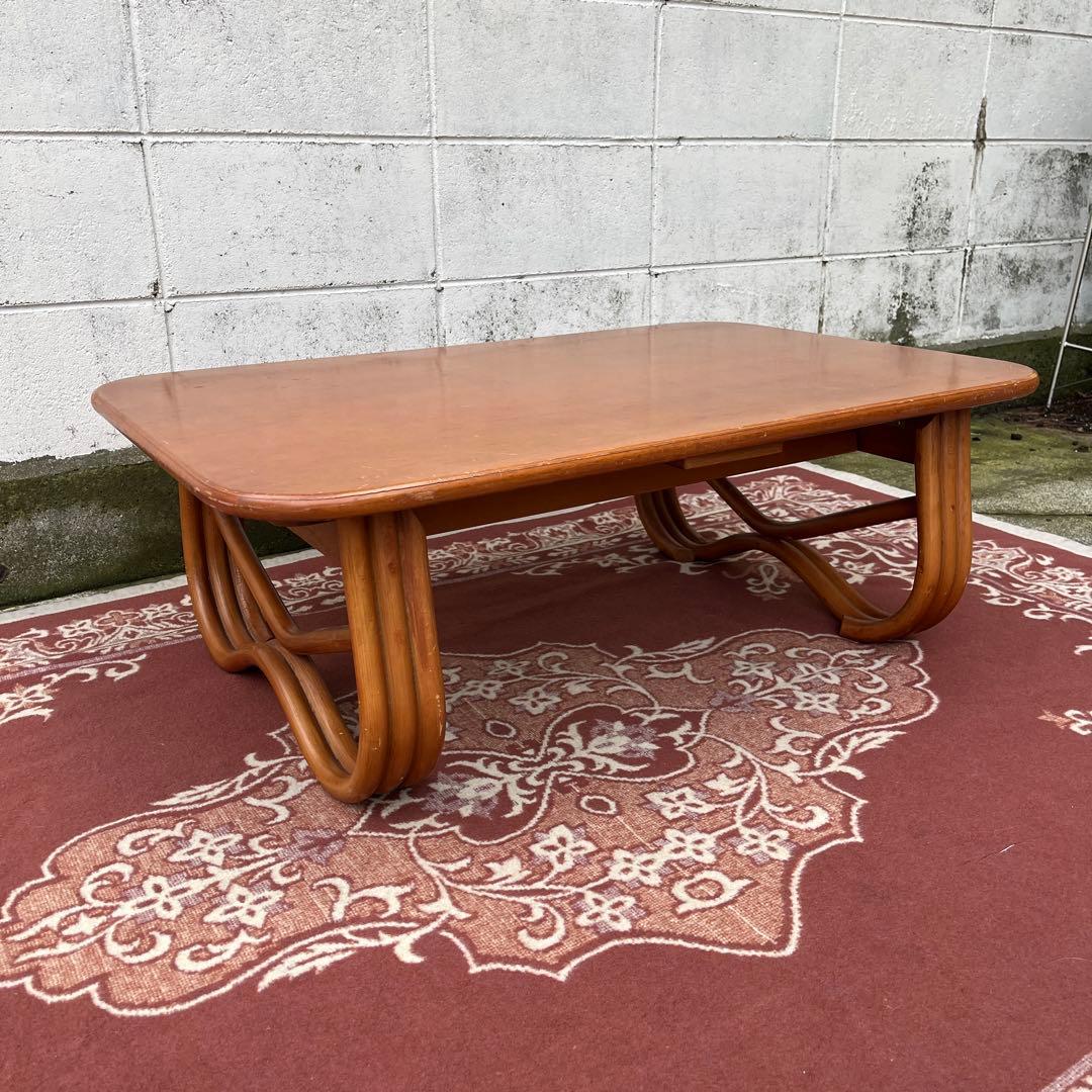 古家具ビンテージ品◾️サカベ 籐ラタン脚×木製天板 ローテーブル センターテーブル