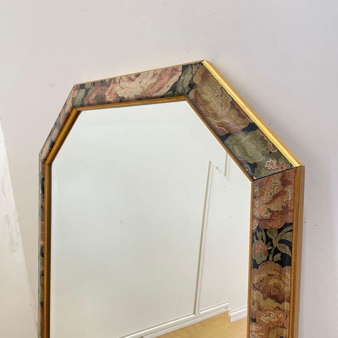 イタリア製 アンティーク調 8角ミラー 鏡 花柄 壁掛け式 ウォールミラー 姿見