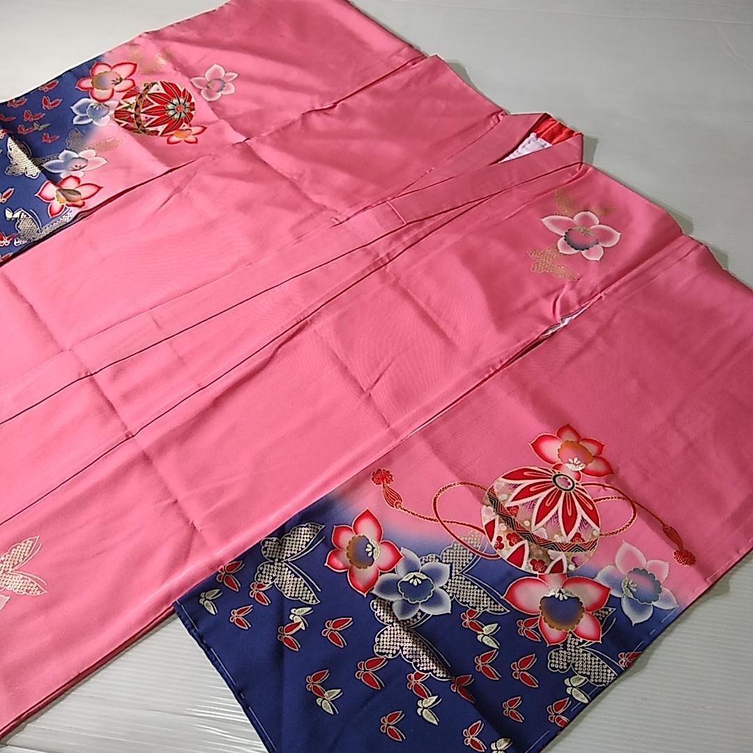 七五三 753 着物 七歳 正絹四つ身着物 ピンク手毬刺繍柄 k4121