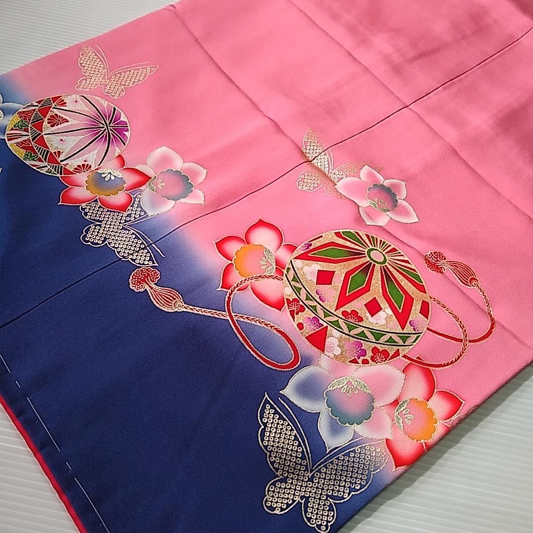 七五三 753 着物 七歳 正絹四つ身着物 ピンク手毬刺繍柄 k4121