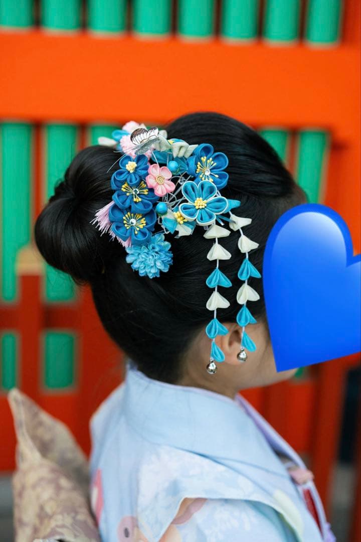 日本髪 髪飾り 七五三(7歳)～成人式 (ブルー×ピンク)