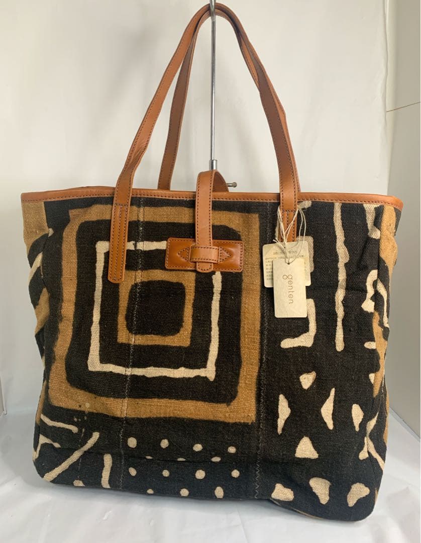 genten トートバッグ 大きめ 布×革 幾何学柄 タグ付き ヴィンテージ風